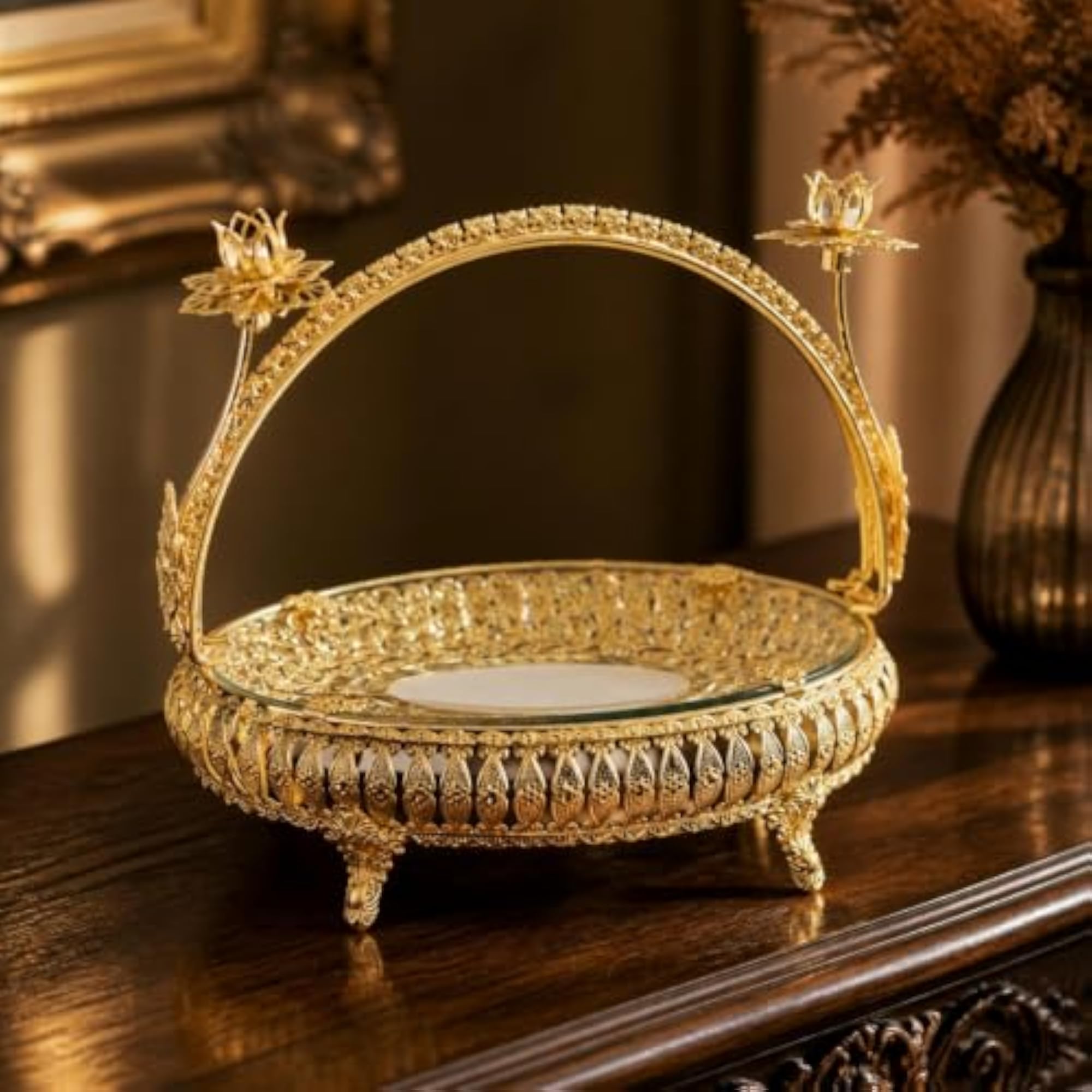 Gold Tone Metal Fruit Tray with Glass Surface